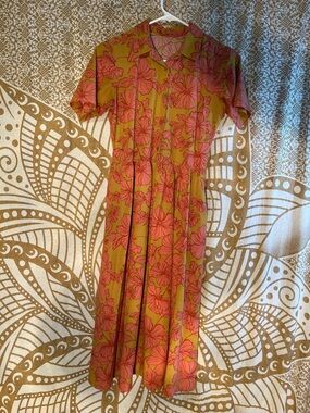 Floral Pink on Olive Midi Dress - Women's Collared Short Sleeve